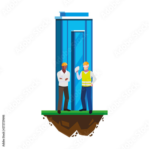 interracial male builders workers with building