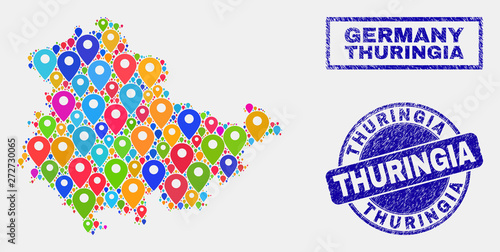 Vector bright mosaic Thuringia Land map and grunge stamp seals. Flat Thuringia Land map is created from random bright navigation icons. Stamp seals are blue, with rectangle and rounded shapes.