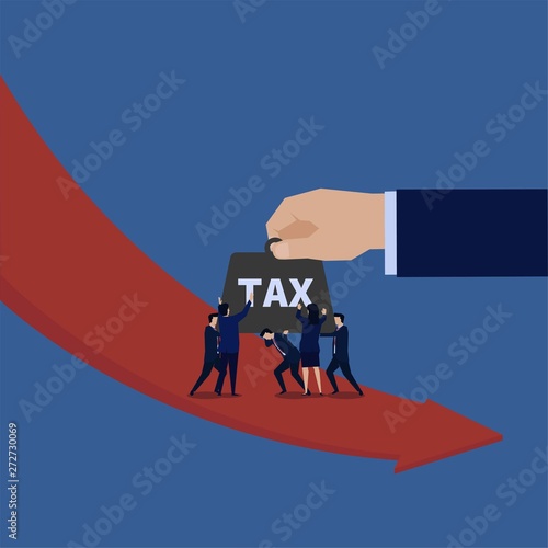 Business team hold heavy tax when profit down. Illustration For Wallpaper, Banner, Background, Book Illustration, And Web Landing Page.