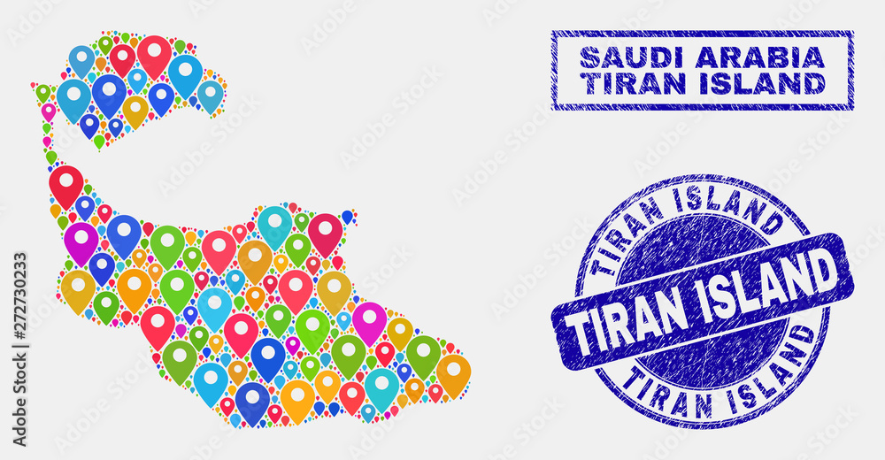 Vector colorful mosaic Tiran Island map and grunge stamp seals. Flat Tiran Island map is composed from random colorful site positions. Stamp seals are blue, with rectangle and rounded shapes.