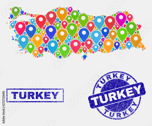 Vector bright mosaic Turkey map and grunge stamp seals. Flat Turkey map is formed from random bright map positions. Stamp seals are blue, with rectangle and round shapes.