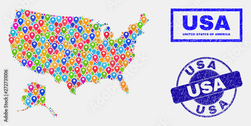 Vector colorful mosaic USA with Alaska map and grunge stamp seals. Flat USA with Alaska map is formed from randomized colorful navigation pointers. Stamp seals are blue,