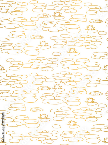 Delicate  beautiful and simple water lilies pattern in golden gradient  with empty water space around them. Leaves and blooming flowers in gold foil. Subtle and abstract seamless texture