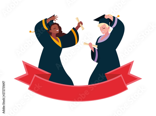 interracial women students graduated celebrating with ribbon