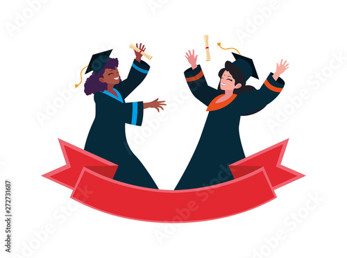 interracial women students graduated celebrating with ribbon