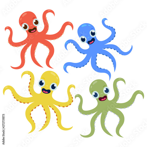 Set of multicolored cute octopuses in cartoon style Vector cartoon illustration