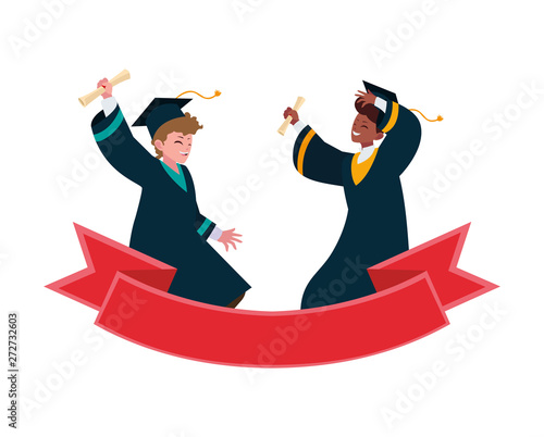 interracial students boys graduated celebrating with ribbon