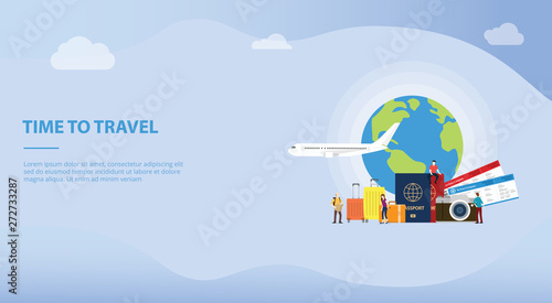 travelling or travel holiday concept with tourist and plane with passport and ticket for website template or landing homepage - vector