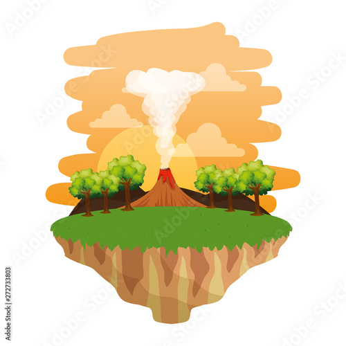 jurassic landscape with smoking volcano scene