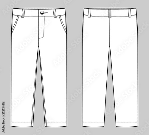 KIds trousers design template. Male pants. Front and back view.