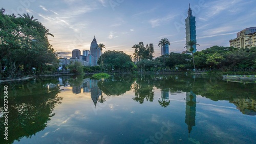 Taipei City sunrise with cityscape view of Taiwan and reflection