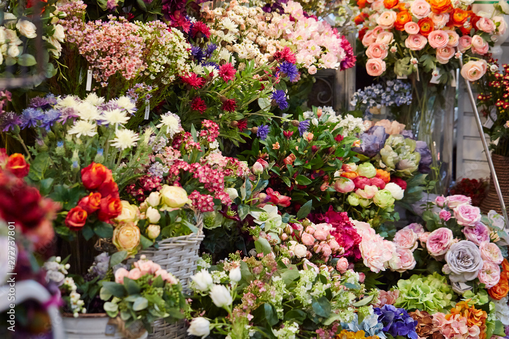 Various flowers at flower shop 