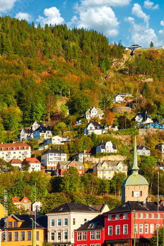 Beautiful blue sky in autumn summer at Floyen mountain and the city in Bergen, Norway