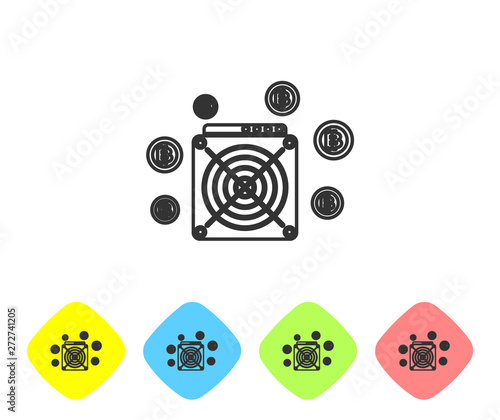 Grey ASIC Miner line icon on white background. Cryptocurrency mining equipment and hardware. Application specific integrated circuit. Set icon in color rhombus buttons. Vector Illustration