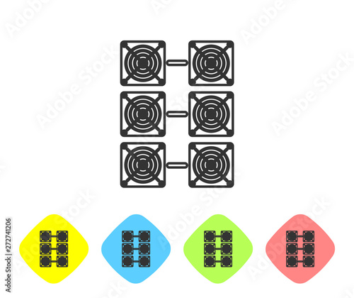 Grey Mining farm line icon on white background. Cryptocurrency mining, blockchain technology, bitcoin, digital money market, cryptocoin wallet. Set icon in color rhombus buttons. Vector Illustration