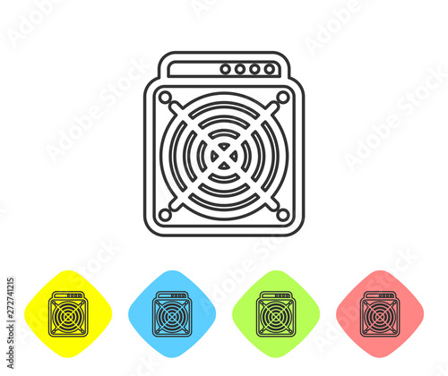 Grey ASIC Miner line icon on white background. Cryptocurrency mining equipment and hardware. Application specific integrated circuit. Set icon in color rhombus buttons. Vector Illustration