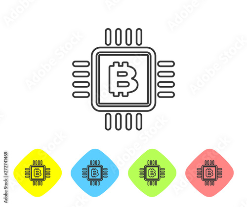 Grey CPU mining farm line icon on white background. Bitcoin sign inside microchip. Cryptocurrency mining community. Digital money. Set icon in color rhombus buttons. Vector Illustration