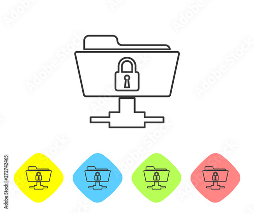 Grey FTP folder and lock line icon on white background. Concept of software update, ftp transfer protocol. Security, safety, protection concept. Set icon in color rhombus buttons. Vector Illustration