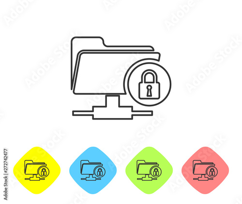 Grey FTP folder and lock line icon on white background. Concept of software update, ftp transfer protocol. Security, safety, protection concept. Set icon in color rhombus buttons. Vector Illustration