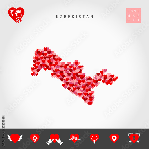 I Love Uzbekistan. Red and Pink Hearts Pattern Vector Map of Uzbekistan Isolated on Grey Background. Love Icon Set.