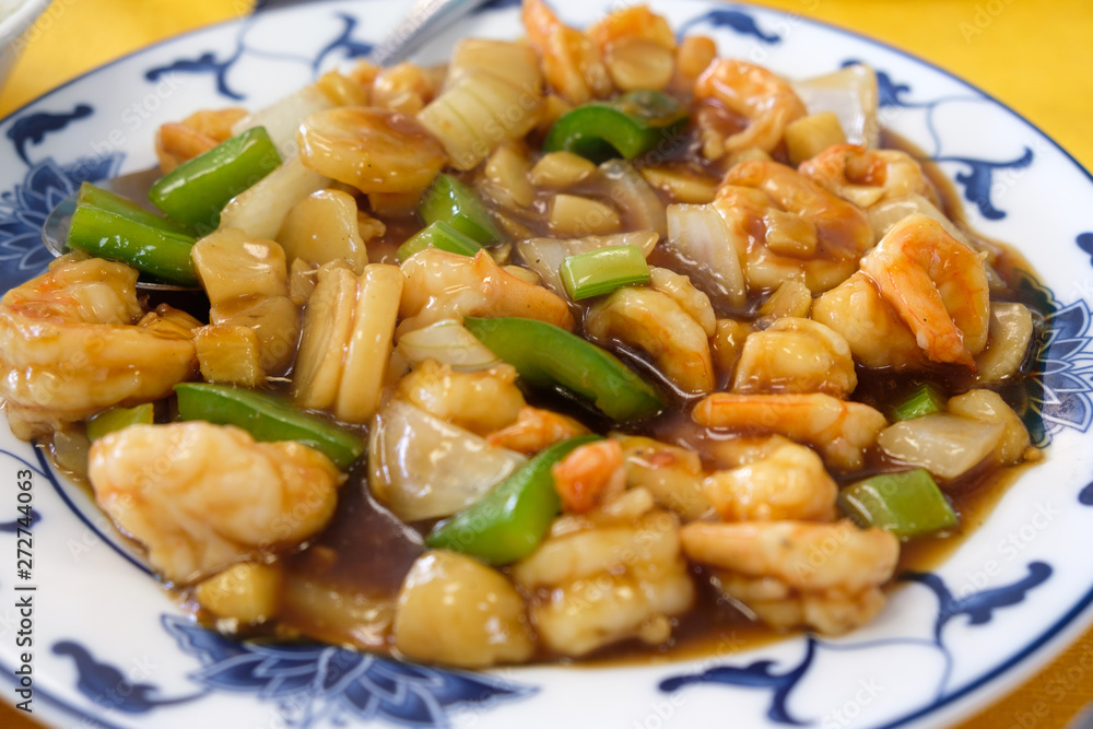 Chinese cooking style sweet and sour shrimp with water chestnut