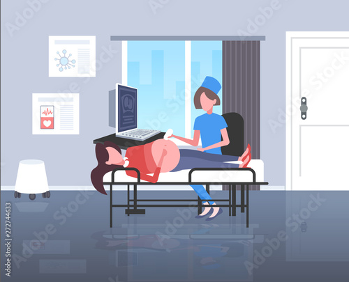 pregnant woman visiting female doctor doing ultrasound fetus screening at digital monitor gynecology consultation healthcare concept modern hospital clinic interior flat full length