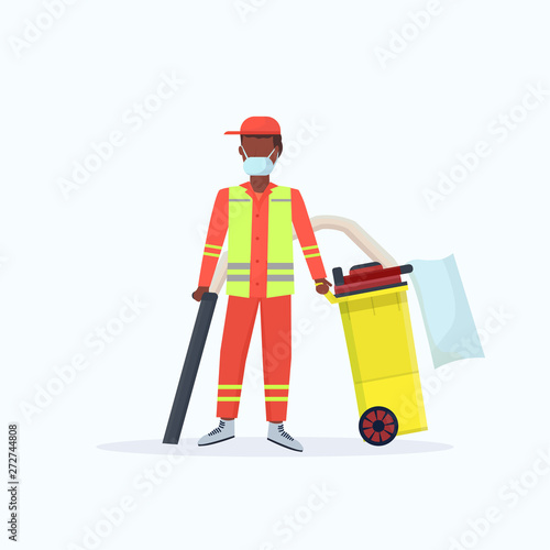 male street janitor holding professional vacuum cleaner african american man vacuuming garbage streets cleaning service concept full length flat white background