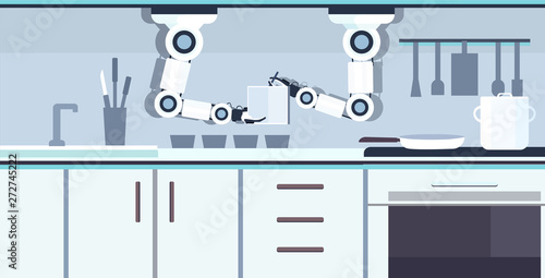 smart handy chef robot holding notebook writing recipe robotic assistant innovation technology artificial intelligence concept modern kitchen interior flat horizontal