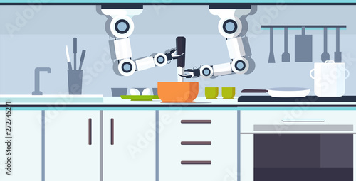 smart handy chef robot preparing omelet beating eggs in bowl robotic assistant innovation technology artificial intelligence concept modern kitchen interior flat horizontal