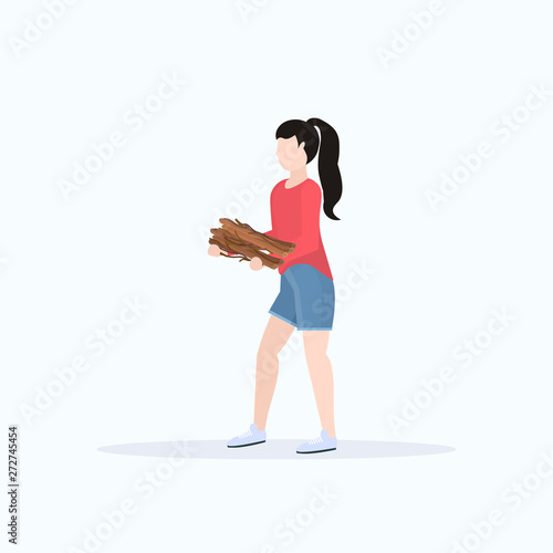 woman hiker holding firewood for bonfire hiking camping concept traveler on hike full length white background flat