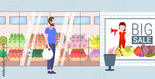 casual man holding purchases shopping bags guy standing in front of grocery shop supermarket exterior big sale shopping concept flat horizontal full length