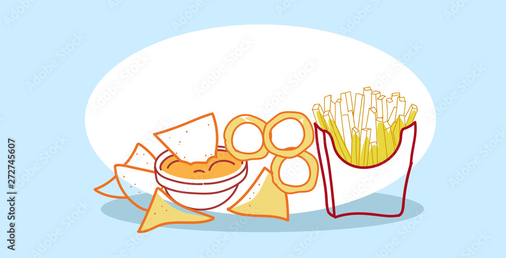 tasty snack tortilla chips with sauce in bowl french fries paper cup fast food classic american fastfood hand drawn sketch doodle horizontal