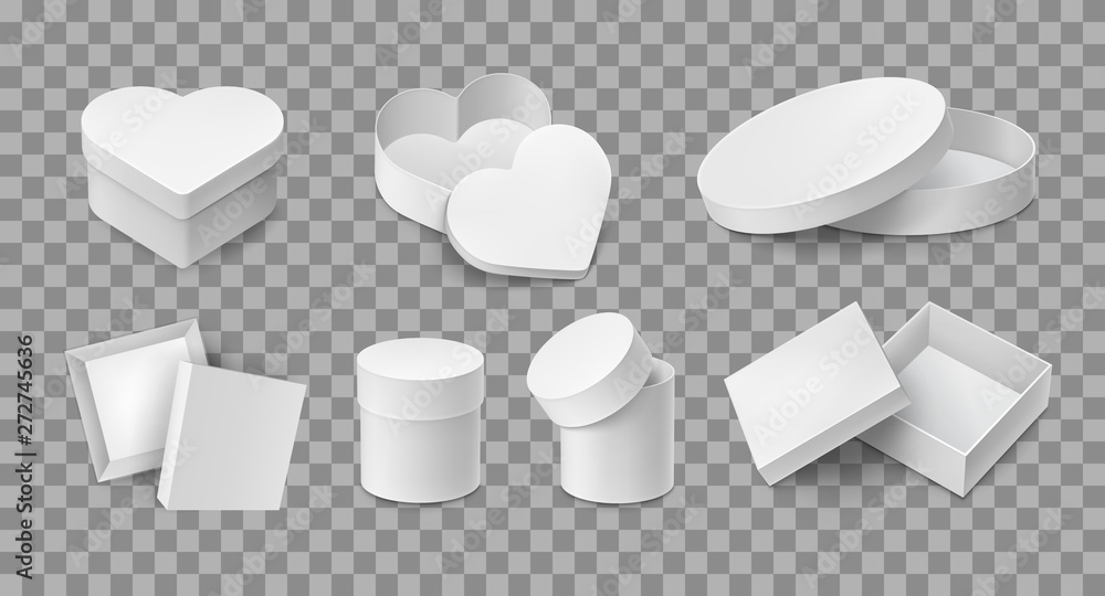 Various opened and closed packaging cardboard boxes. White containers in square, round and love heart shapes. Realistic paper boxes mockup on transparent background. Packaging case vector illustration Various opened and closed packaging cardboard boxes. White containers in square, round and love heart shapes. Realistic paper boxes mockup on transparent background. Packaging case vector illustration