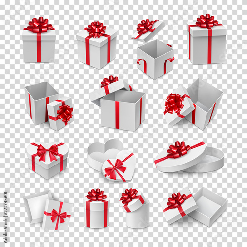 Different cardboard boxes with red ribbon bows mockup. Christmas or birthday gift packaging with bows. Many realistic 3d pasteboard containers with shadow vector illustration on transparent background