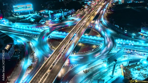 4K, Time lapse Fast speed car in the road in circle and intersection  and expressway, motorway and highway