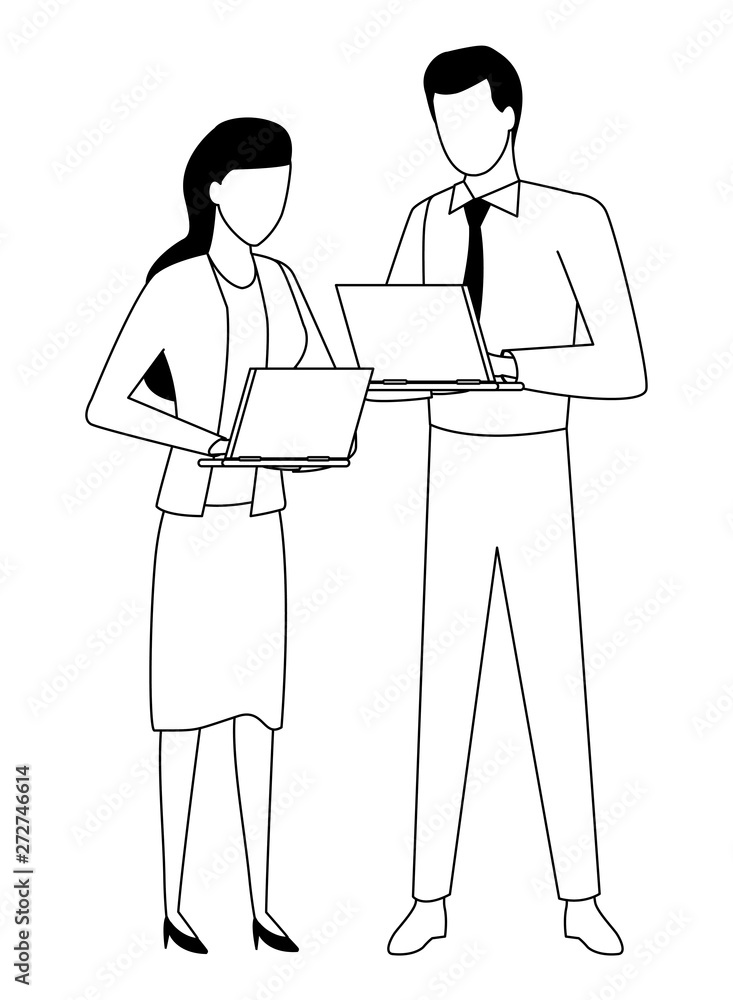 Business partners with documents in black and white