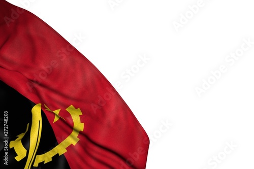 cute Angola flag with big folds lying in bottom left corner isolated on white - any feast flag 3d illustration..