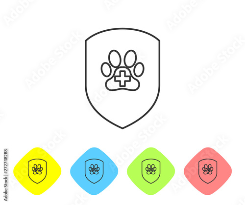 Grey Animal health insurance line icon isolated on white background. Pet protection icon. Dog or cat paw print. Set icon in color rhombus buttons. Vector Illustration