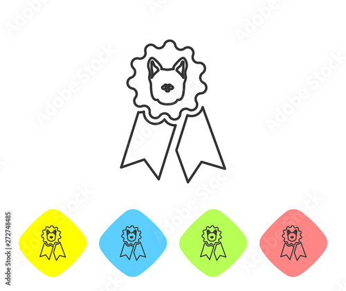 Grey Dog award symbol line icon isolated on white background. Medal with dog footprint as pets exhibition winner concept. Set icon in color rhombus buttons. Vector Illustration