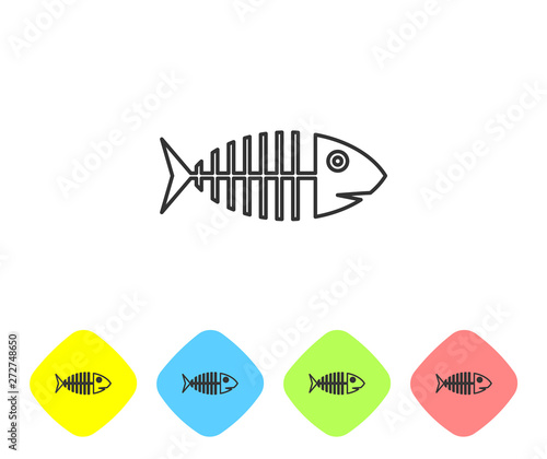 Grey Fish skeleton line icon isolated on white background. Fish bone sign. Set icon in color rhombus buttons. Vector Illustration