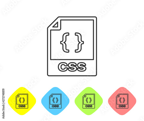 Grey CSS file document icon. Download css button line icon isolated on white background. CSS file symbol. Set icon in color rhombus buttons. Vector Illustration