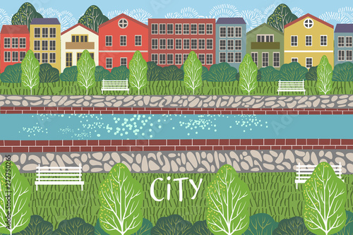 Pedestrianized street. Cute cityscape vector illustration with river, buildings, houses and trees. Urban scene drawing