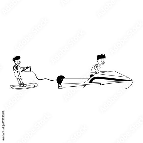 Wakeboarding extreme sport cartoons in black and white