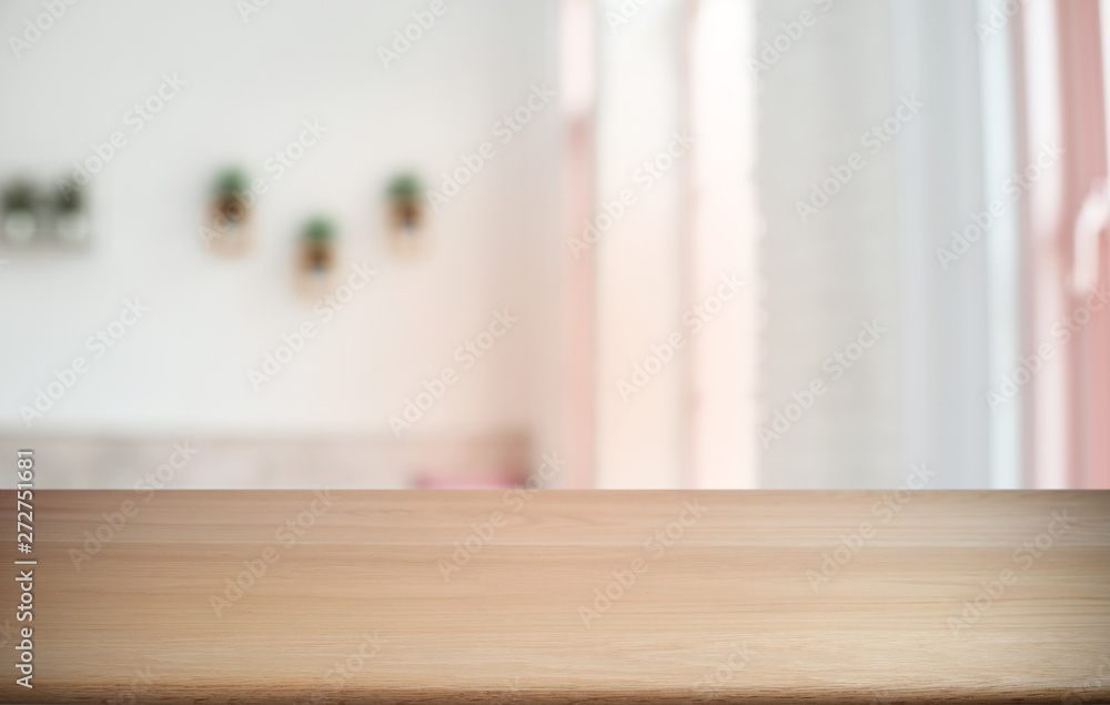 Empty dark wooden table in front of abstract blurred bokeh background of restaurant . can be used for display or montage your products.Mock up for space.