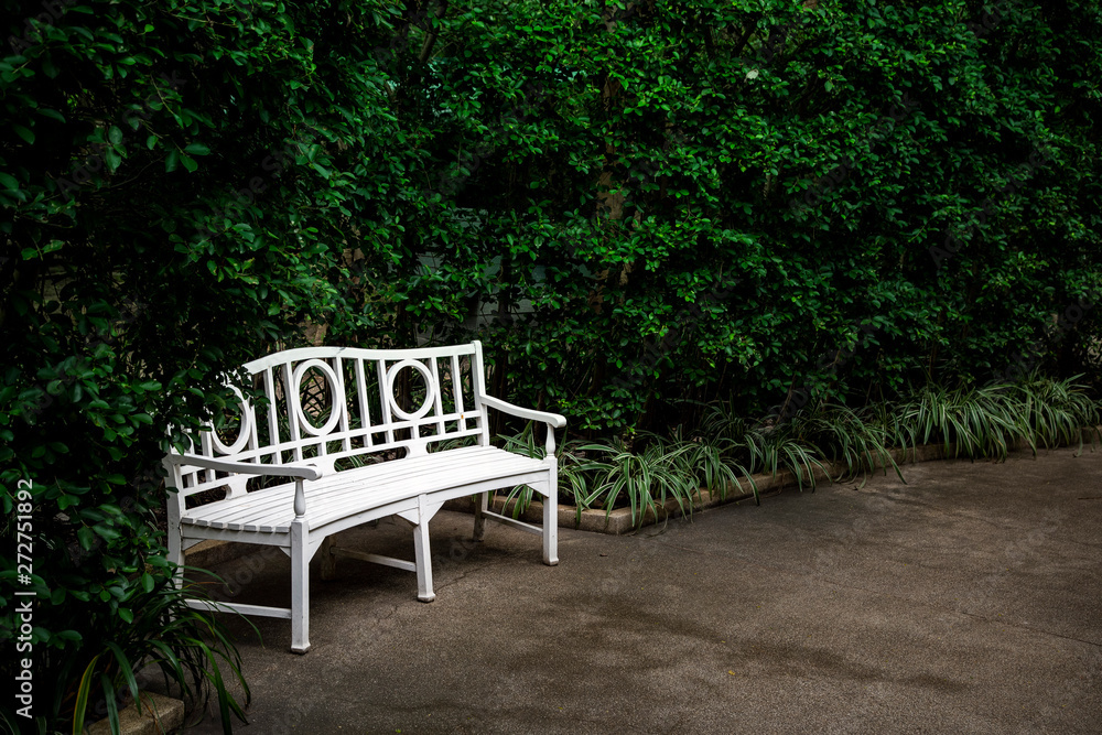 White bench with bush