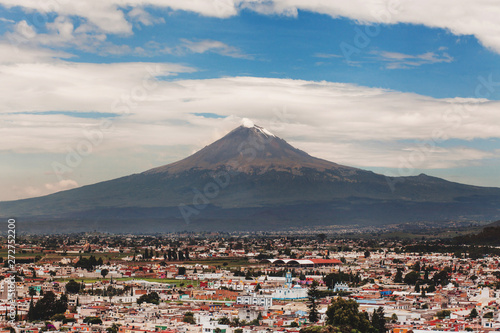 Popocatepetl Volcano and view of Cholula town in Puebla Mexico