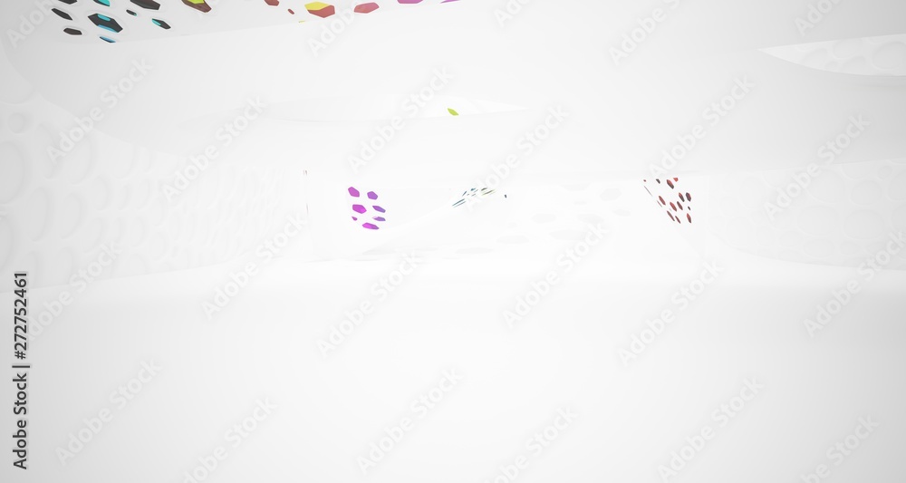 Abstract white and colored gradient glasses smooth parametric interior  with window. 3D illustration and rendering.