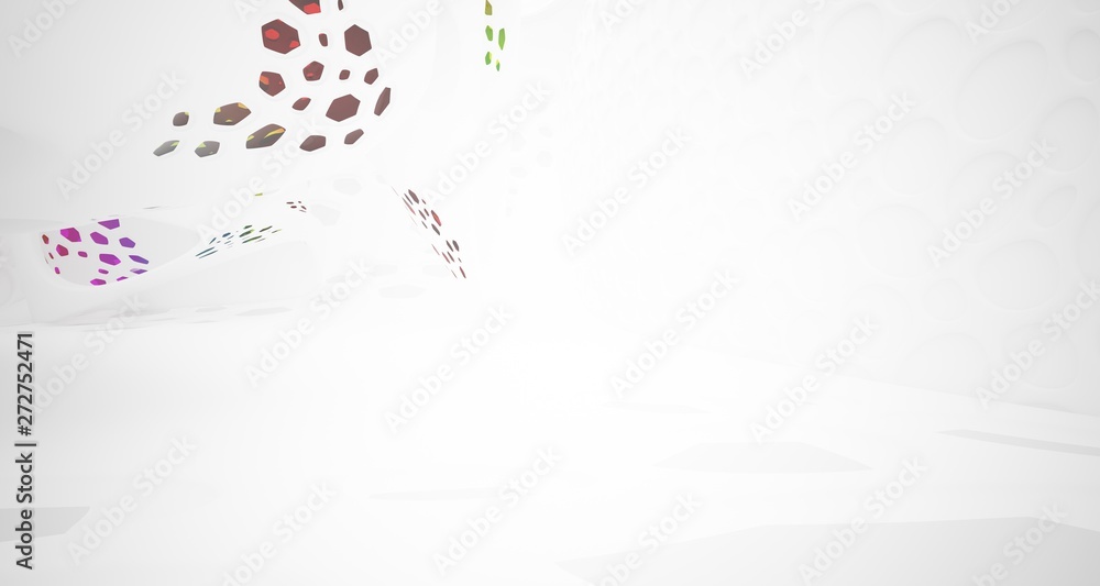 Abstract white and colored gradient glasses smooth parametric interior  with window. 3D illustration and rendering.