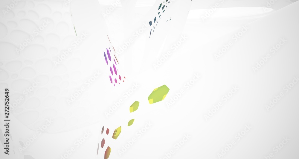 Obraz premium Abstract white and colored gradient glasses smooth parametric interior with window. 3D illustration and rendering.