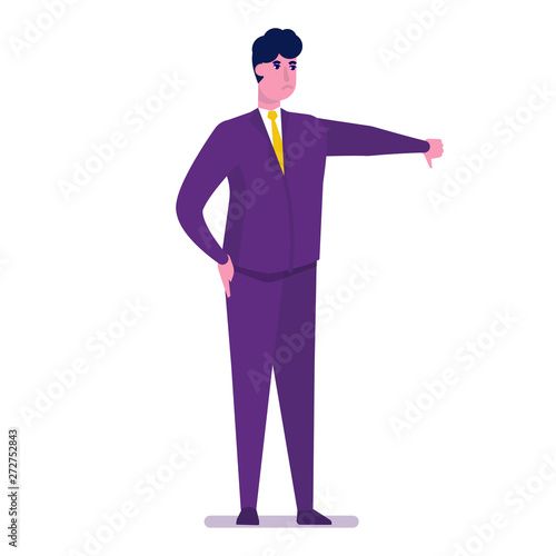 Dislike  businessman character showing gesture of approval. Vector illustration.